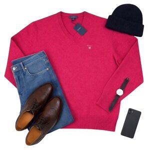 GANT Lambswool V-Neck Sweater Azalea Hot Pink Melange Pink NWT Size L Men's